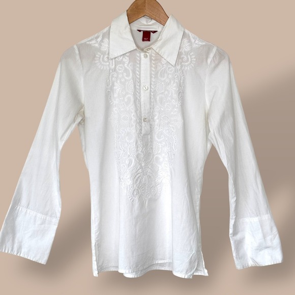 H&M L.O.G.G.White Embroidered Blouse Top Button Down Cotton Shirt Women's Size 4 - Picture 2 of 10
